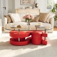 thumbnail image 2 of 3 Pieces Coffee Table Set, 0.39" Tempered Glass Top and S Shape Base, Oval Modern Coffee Table with 2 Leather Stools, Accent Coffee Table for Living Room Bedroom, 2 of 8