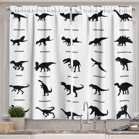Ambesonne Dinosaur Kitchen Curtains, Evolution of Wildlife, 55"x45", Black White