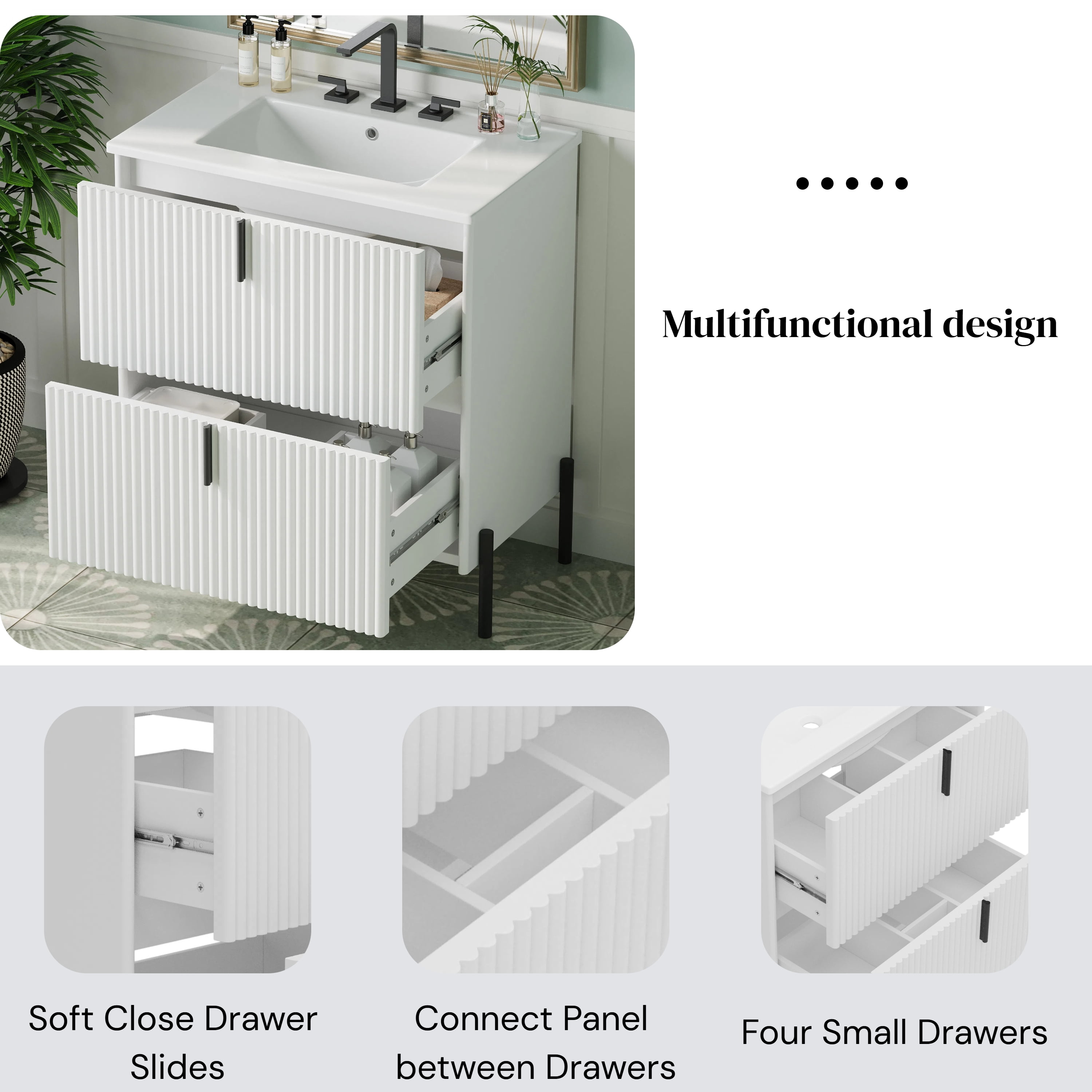 30" Fluted Design Modern Freestanding Vanity Cabinet, Modern Bathroom Cabinet with Soft Close Drawers, Freestanding Vanity with Ceramic Sink for Bathroom, White
