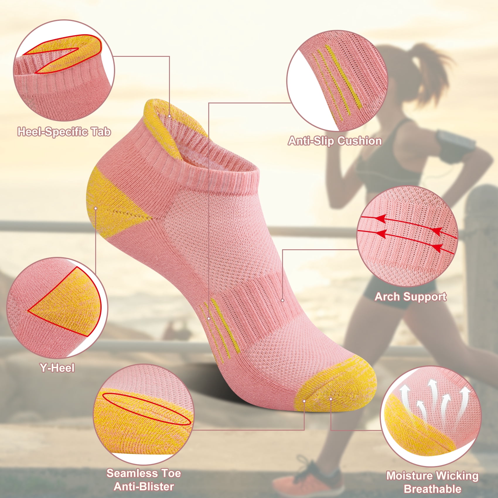 Womens Ankle Socks, Low Cut Cushioned No Show Athletic Size 6-8 Socks for Women, 6 Pairs