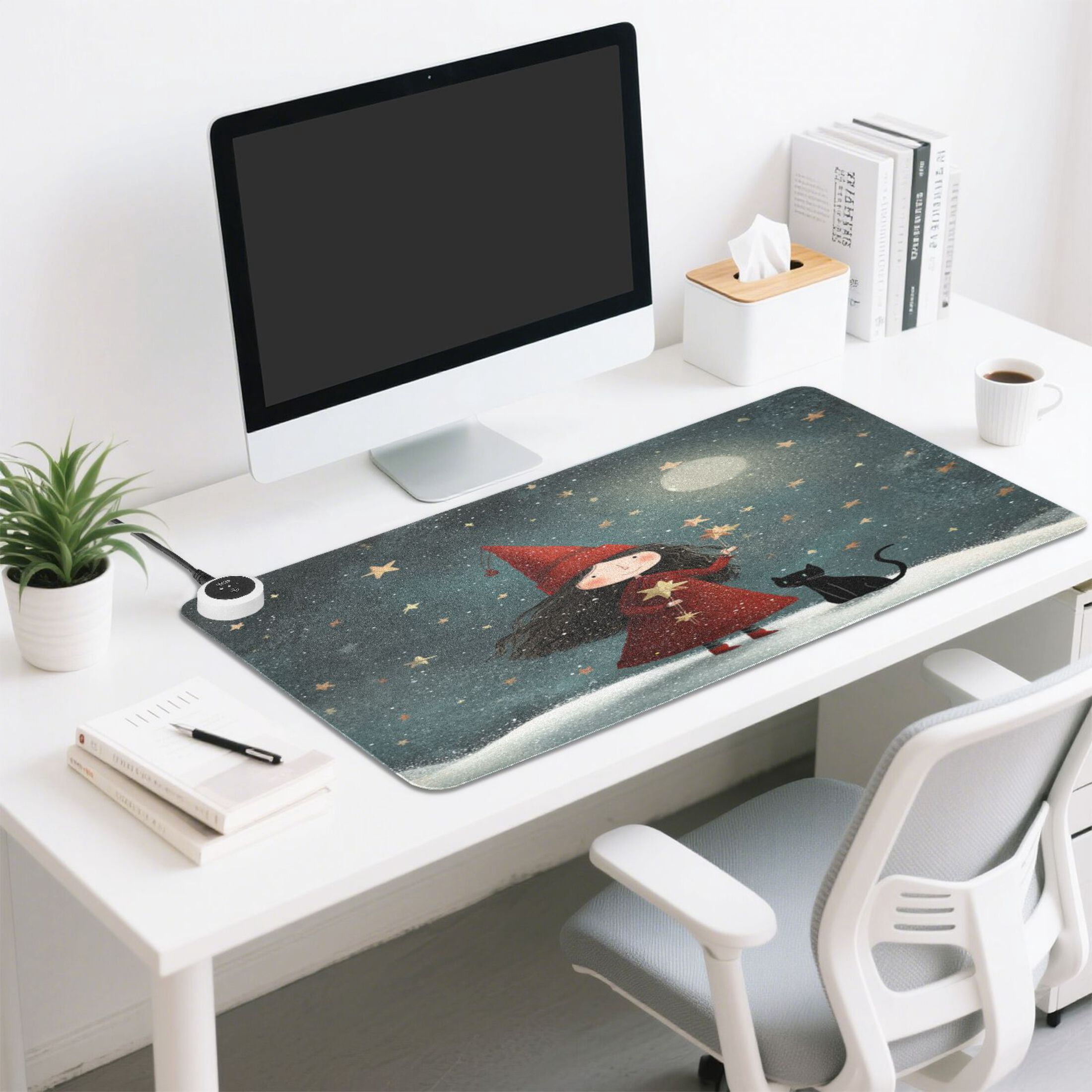 Large Heated Desk Mat Mouse Pad 31.5"x13"PU Leather Graphene Heating Desk Warmer with 3 Temperature Settings 110V US Plug Non-Slip Warm Pad for Home, Office, and Gaming Red Hat and Black Cat