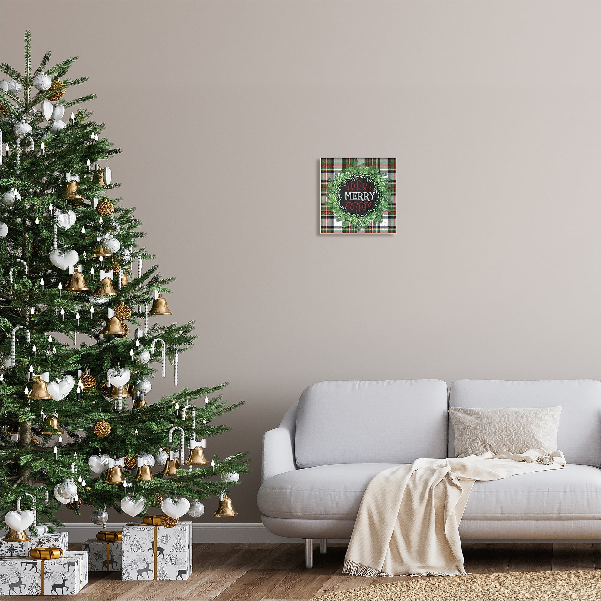 Stupell Industries Merry Sentiment Winter Pine Wreath Green Christmas Plaid, 12 x 12,Design by Jennifer Pugh