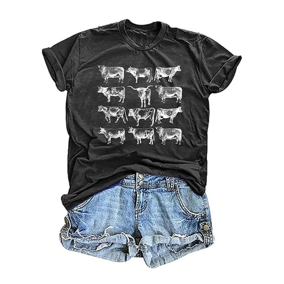 DHFJKG Graphic Tees For Women Funny Cow Print Summer Loose Fit Crew Neck Short Sleeve T Shirt Casual Versatile Tops