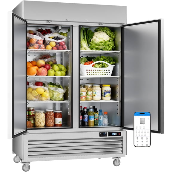 VEECOOL 54.4" W Commercial Refrigerators WiFi-Enabled, 49 cu.ft. Stainless Steel Reach-In Fridge with 8 Shelves, APP & Digital Control, LED Lighting for Restaurant, Bar, Cafe, ETL&ETL Sanitation
