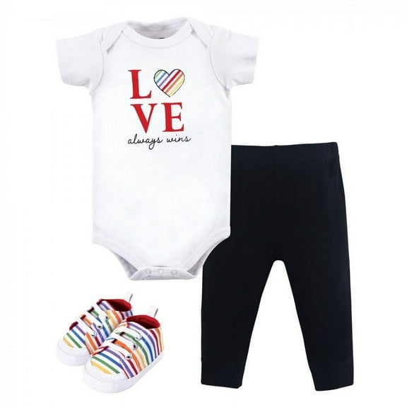 Little Treasure Baby Cotton Bodysuit, Pant and Shoe 3pc Set, Love Always Wins, 0-3 Months