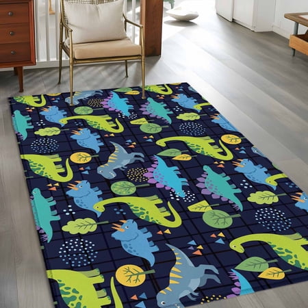 2.7x5 Washable Area Rug Children s Day Non-Slip Rectangle Rug for Bedroom Bedside Cartoon Green Dinosaurs Geometric Tree Deep Blue Indoor Floor Mat for Home Decor