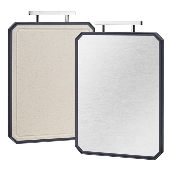 Walchoice Double-Sided Cutting Board, Large 16” x 11” Stainless Steel Chopping Board with Handle for Kitchen, Food Grade & Non-Toxic for Meats Fruits Vegetables