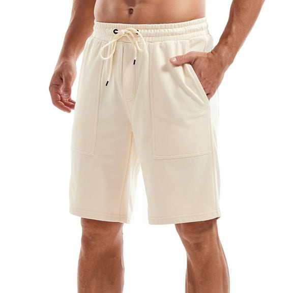 MIUOWANP Men's Drawstring Elastic Waist Cotton Shorts with Big Pockets Oversize Solid Color Outdoor Sport Casual Shorts Size XL(10)Beige
