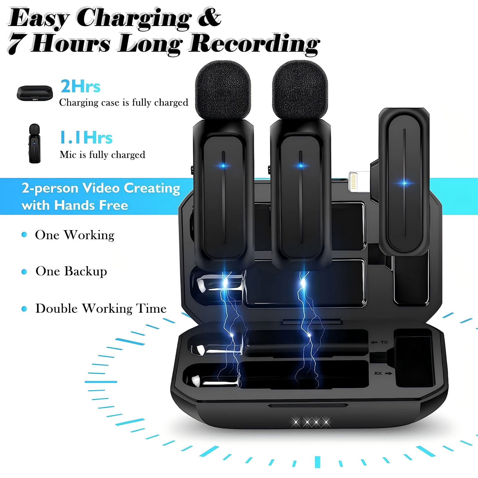 RONY Plug-Play Wireless Lavalier Microphone for iPhone iPad, Noise-Cancelling Mini Lapel Mics with the Charging Case