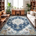 Abstract Boho Area Rug, Vintage Deep Blue Beige Botanical Texture Non ...