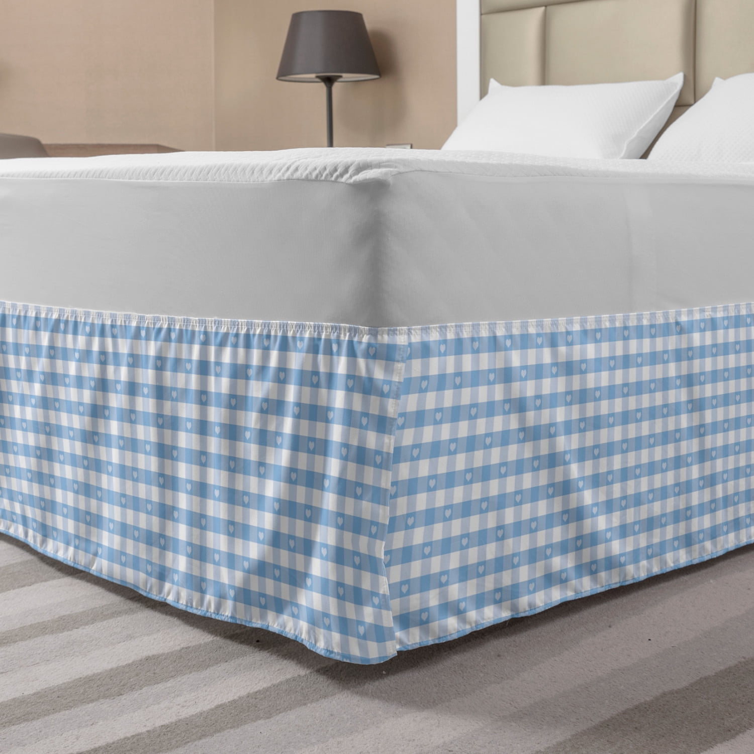 Checkered Bed Skirt, Gingham Motif with Little Hearts Pastel Blue Baby ...