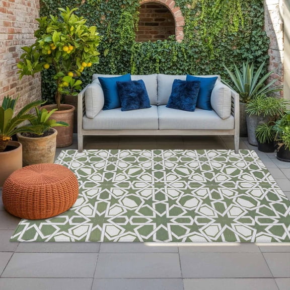 Outdoor Rug 3x5 ft Sage Green Floral Stripes Outdoor Large Area Rug Non Slip Rubber Geometric Morocco Art Front Door Mat RV Rug Carpet Patio Outdoor Rugs for Backyard Balcony Deck Porch Indoor