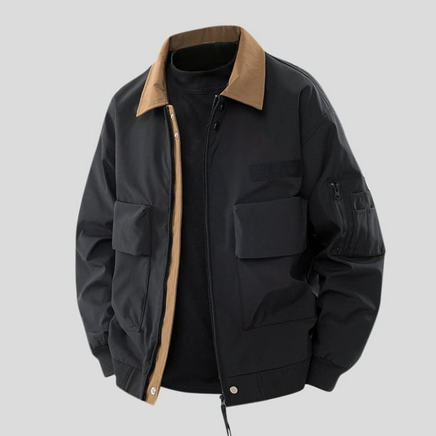 Blusa y camisa de manga larga con cuello vuelto para hombre, ropa de trabajo a prueba de viento de color sólido de otoño, chaqueta informal de solapa de manga larga para hombre, abrigo de poliéster
