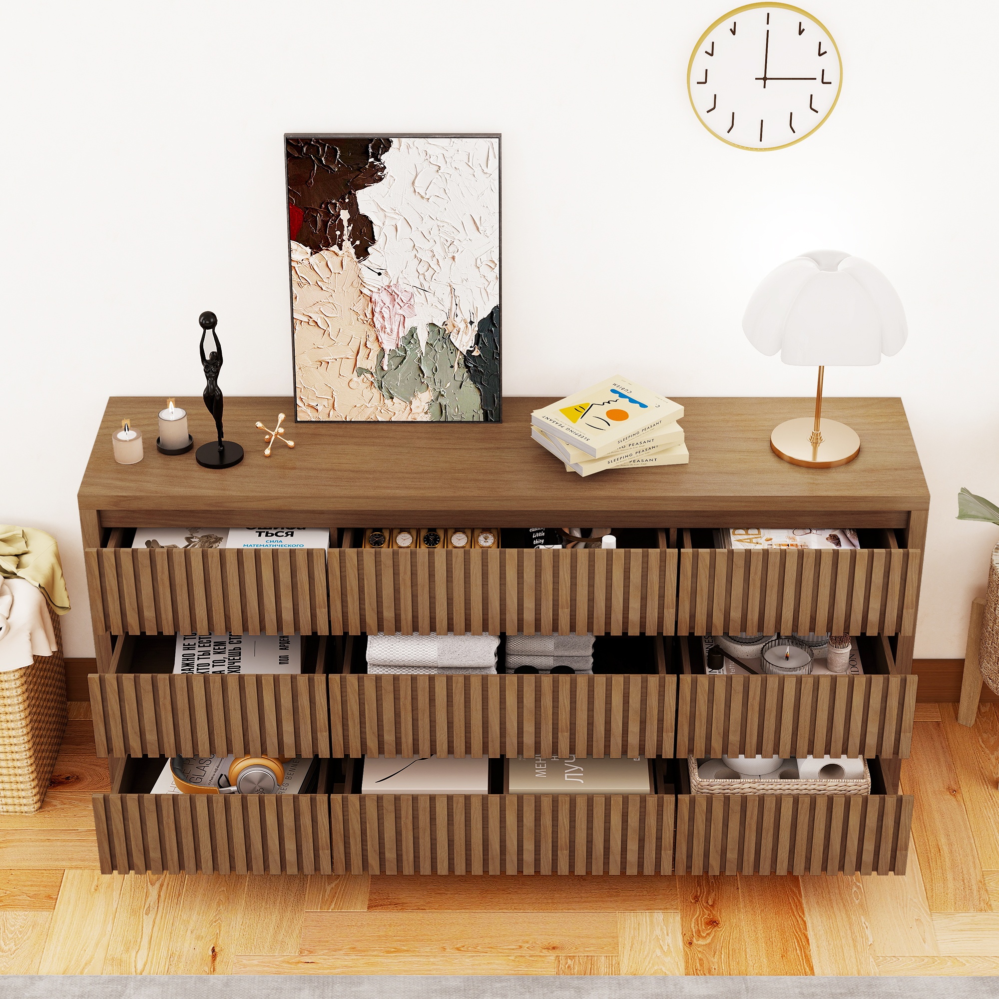 IQCNGVX Dresser Fluted Long 9 Drawer Large Mid Century 58" Wide Chest Wood Closet Clothes Storage TV Stand for Bedroom Living Room