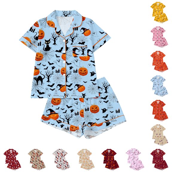 CUZIBR Girls Halloween Pajamas Sets Pumpkin Bat Castle Pajamas Set Lapel Button Short Sleeve Shirt Elastic Waist Shorts 2 Pieces Sleepwear Loungewear Outfits,B-Light Blue,11-12 Years