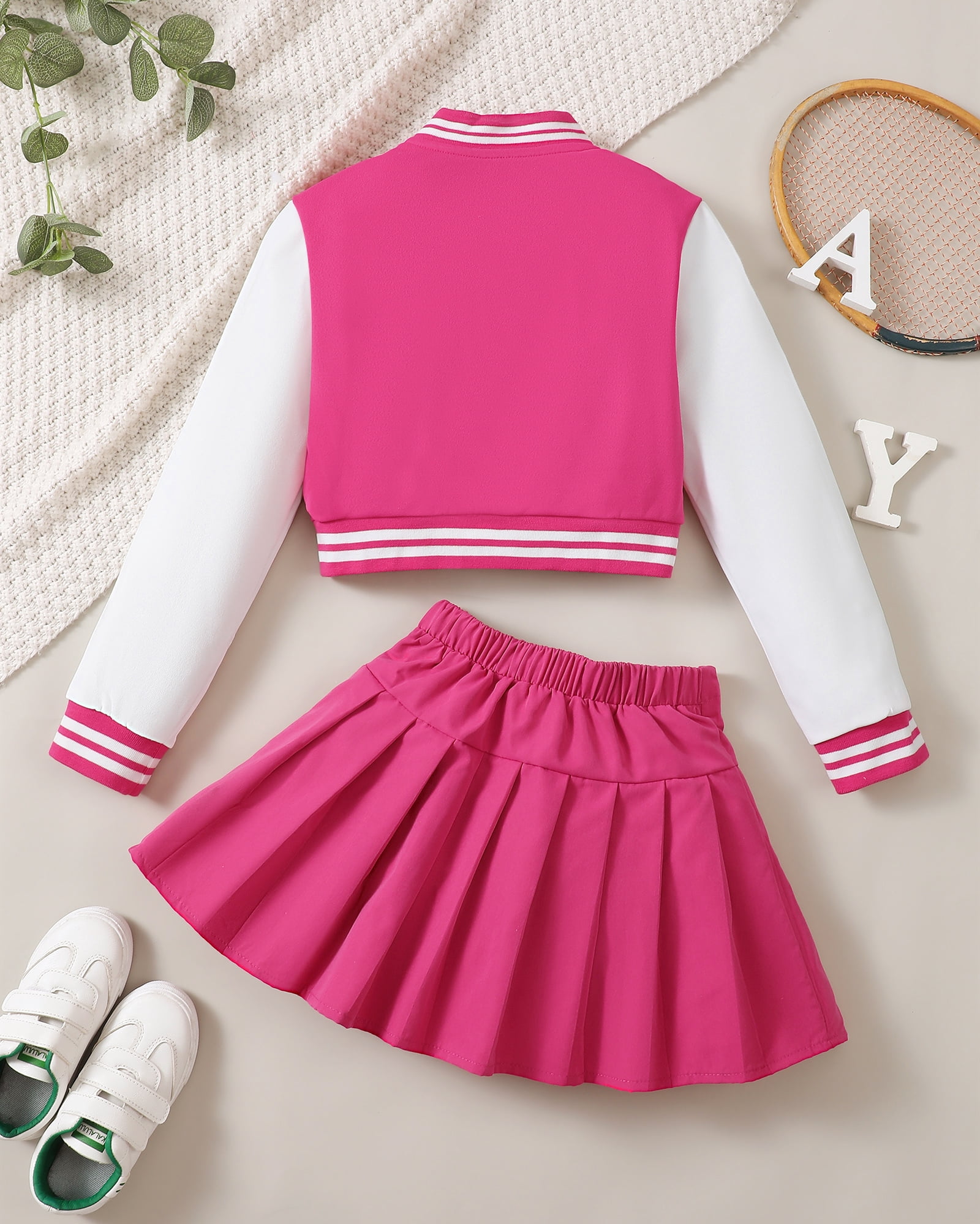 9 Years Big Girls Winter Outfits 10 Years Youth Child Kids Clothes Set Long Sleeves Letter Embroidery Baseball Lacket Color Block Coat Pleated Skirt Set 2pcs Clothing Pink