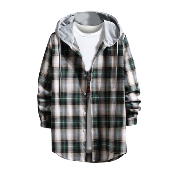 Cekizud Jackets for Men Classic Scottish Plaid Hooded Shirt Long Sleeve Versatile Casual Outwear,Sizes S-2XL