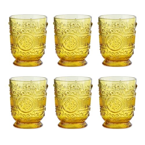 Sungmor Vintage Old Fashioned Glasses Beverage Cups, Set of 6 Amber Color Glass Tumblers Lowball Glasses, 10 oz Whiskey Glasses Cocktail Drinking Glassware, Embossed Design Water Cups Juice Glasses