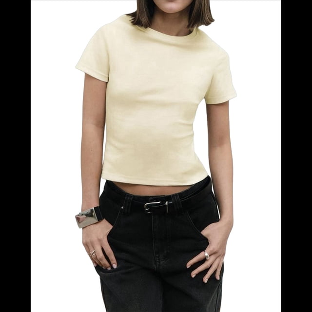 Camisetas de Algodón para Mujer, Cuello Redondo, Corta, Básicas, Informales, de Verano, Color Albaricoque, Talla M