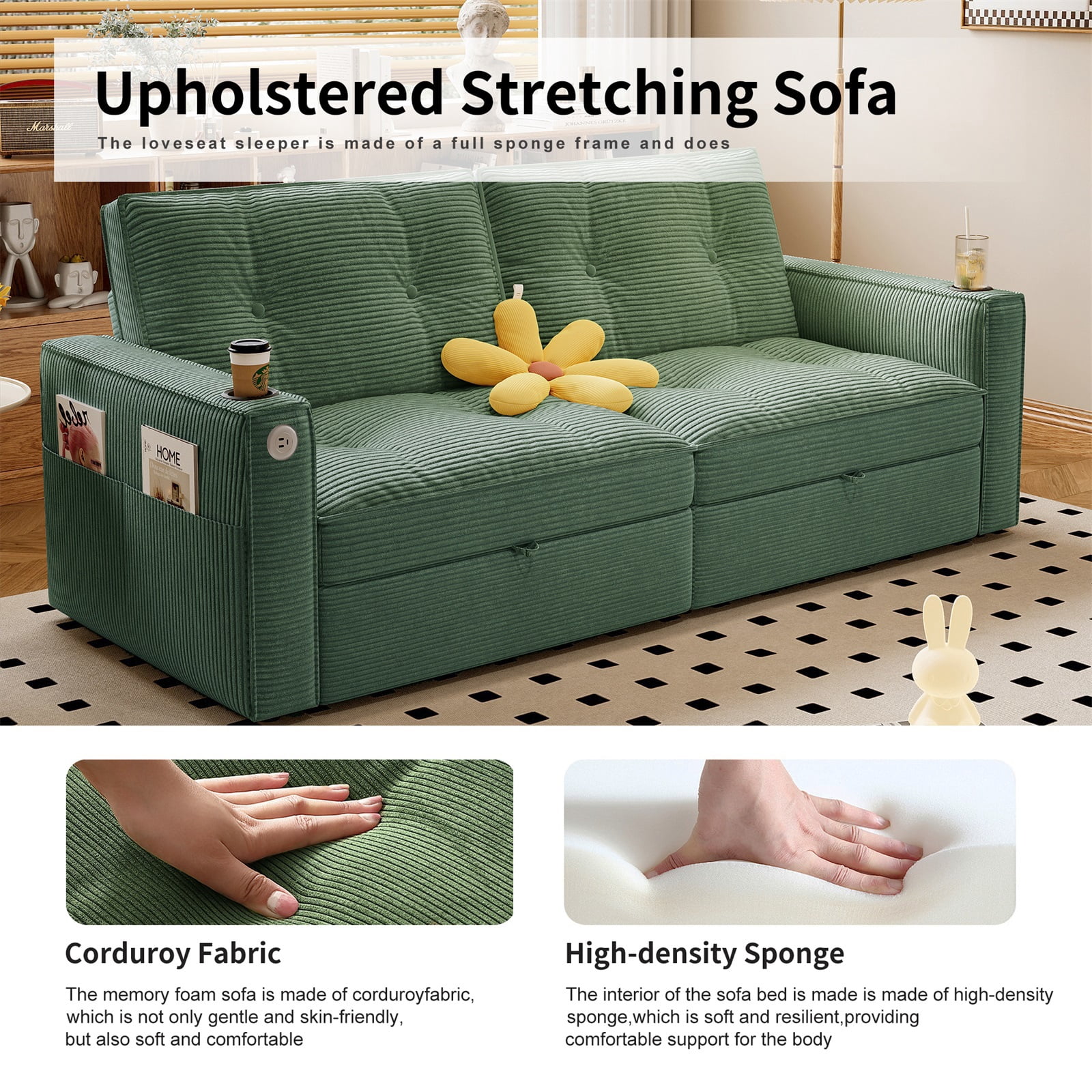 Hommoo 70" Convertible 2-in-1 Pull Out Couch Bed, Multi-Functional Corduroy Loveseat Sleeper Sofa Bed, Green
