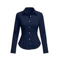 thumbnail image 4 of Women's Button Down Dress Shirts Long Sleeve Collared Tailored Fit Stretch Blouse Curved Hem for Work Office Business Casual, Navy, M, 4 of 8
