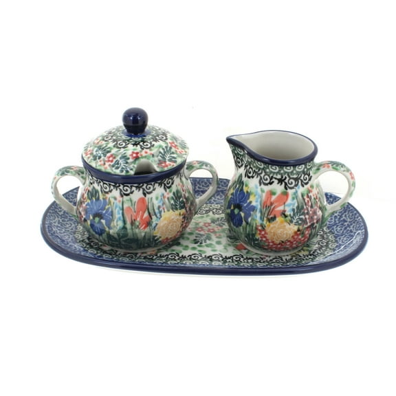 Blue Rose Polish Pottery Summer Blooms Small Cream & Sugar Set with Tray