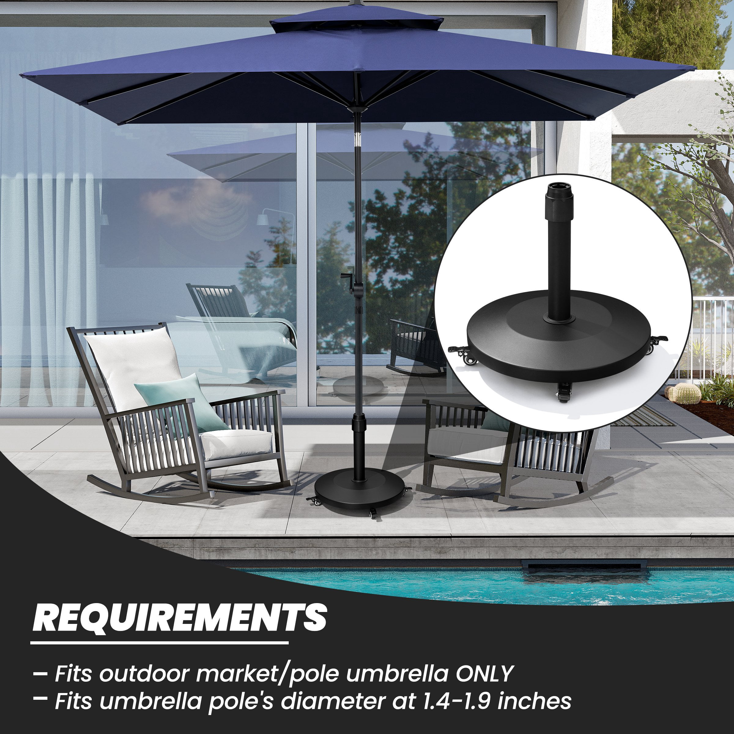 Crestlive Products 55 lbs Round Heavy Duty Concrete Patio Umbrella Base with 4 Wheels, Black