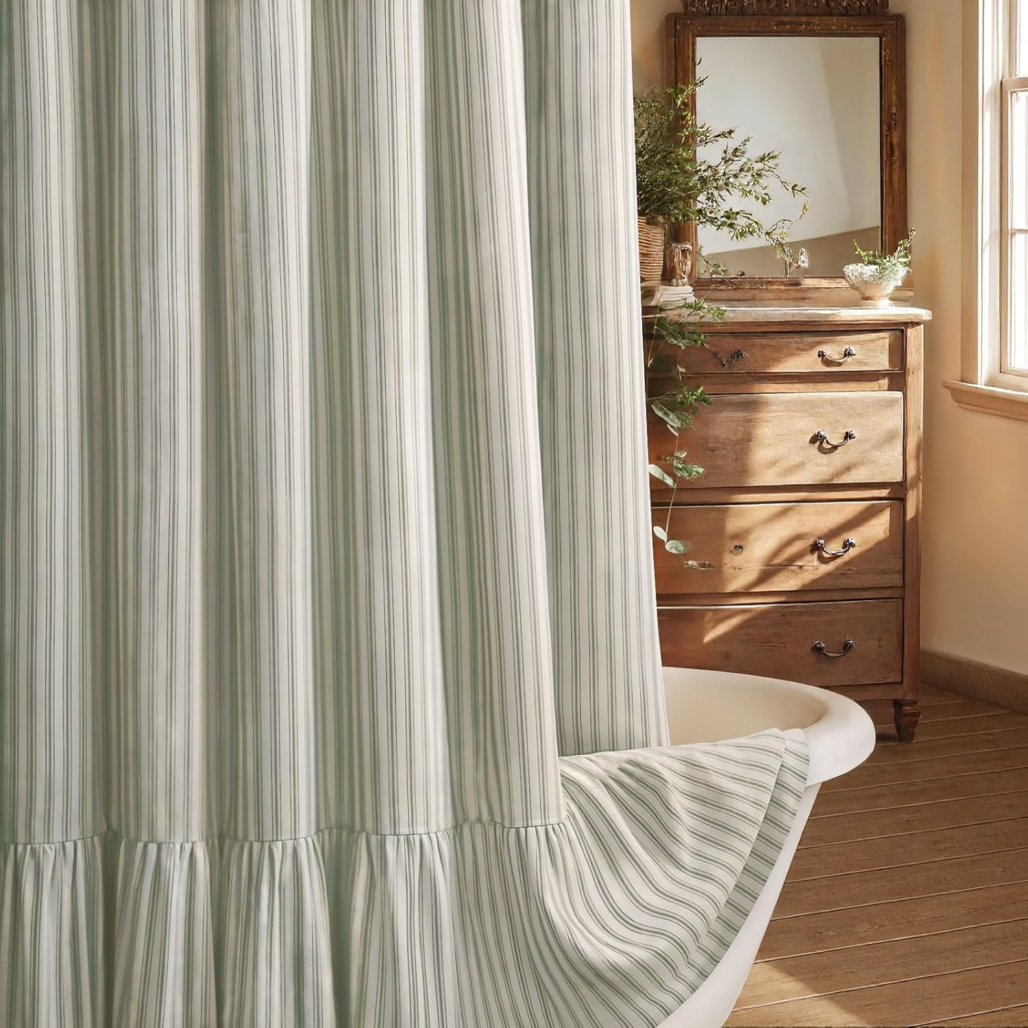 Farmhouse Shower Curtain with Ruffle Hem Linen Shower Curtains for Bathroom Country Vintage Rustic Natural Fabric, Cream-Black Stripe 72" W x 72" L