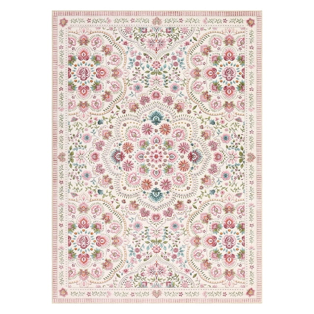 Ultra Soft Washable Floral Area Rug - Non-Slip, Low Pile, Mark Resistant, Collapsible Large Carpet for Living Room, Girls Bedroom, Nursery, Dining Room - Rice Pink, 5x7ft (152x213cm)