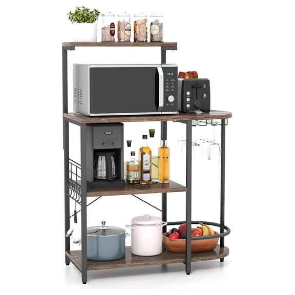 4-Tier Kitchen Bakers Rack, Industrial Microwave Oven Stand with Detachable Top Shelf, 6 Removable , Glass Holders, Coffee Bar Station, Kitchen Utility , Rustic Brown