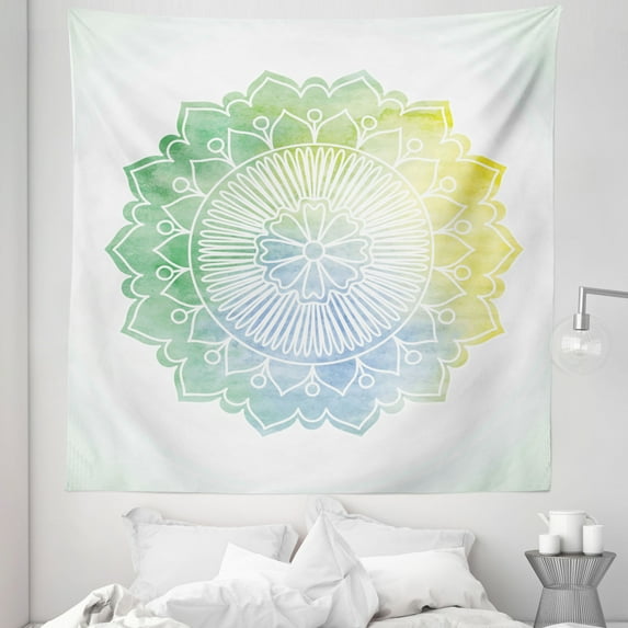 Lotus Tapestry, Boho Mandala in Soft Tones Watercolor Traditional Art, Fabric Wall Hanging Decor for Bedroom Living Room Dorm, 5 Sizes, Jade Green Pale Blue, by Ambesonne