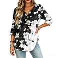 thumbnail image 3 of Asgosdo Women Tops Shirts Black White Ombre Floral Print Notched V Neck Decorative Button 3/4 Sleeve Loose Flowy Polyester Casual Blouses Multi Color Four Season Womens Tops, 3 of 5