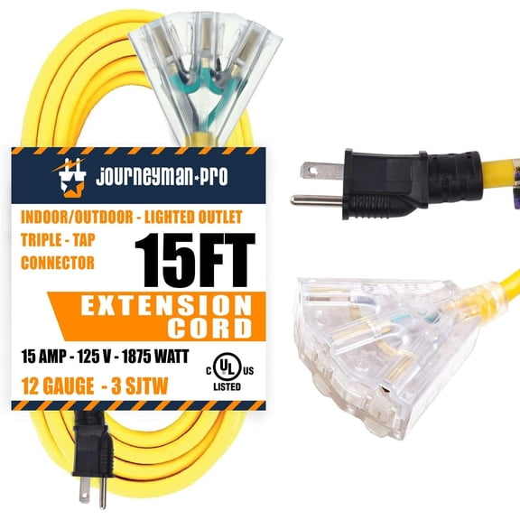 15 FT Lighted Outdoor Extension 3WAY Cord Splitter 12/3 Heavy Duty Yellow 3 Prong Plug 15 AMP 15'