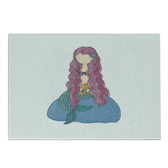 Mermaid Cutting Board, Mythological Girl with a Shell and Long Pink Hair Sea Character, Decorative Tempered Glass Cutting and Serving Board, Small Size, Multicolor, by Ambesonne