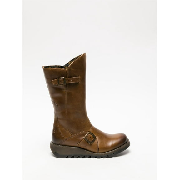 Fly London Womens Camel MES 2 Wedge Heel Buckle Mid-Calf Leather Zip Platform Boots
