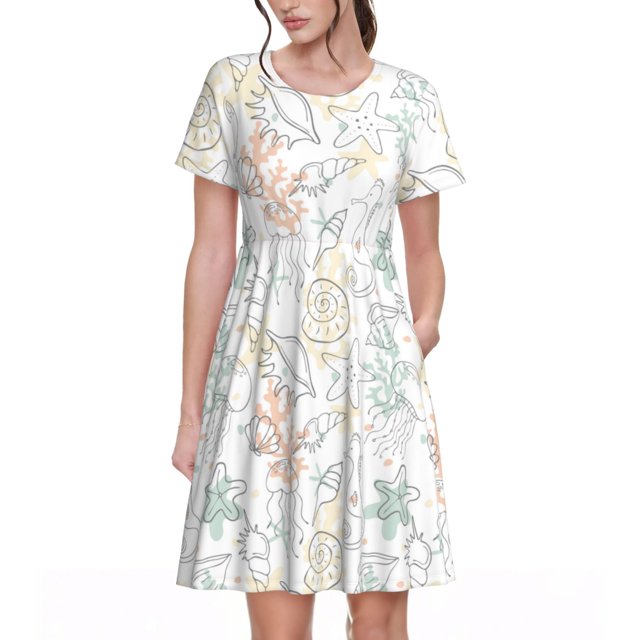 Disketp Sea Animals para Vestido de Manga Corta para Mujeres, Vestidos de Verano para Mujeres, Casual y Holgado para la Playa