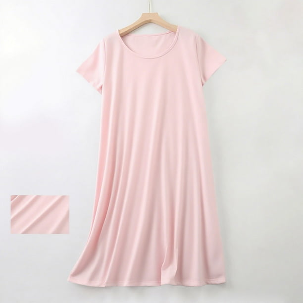 Pijama de manga corta con cuello redondo y color liso para mujer, ropa de casa, camisón corto de algodón para mujer