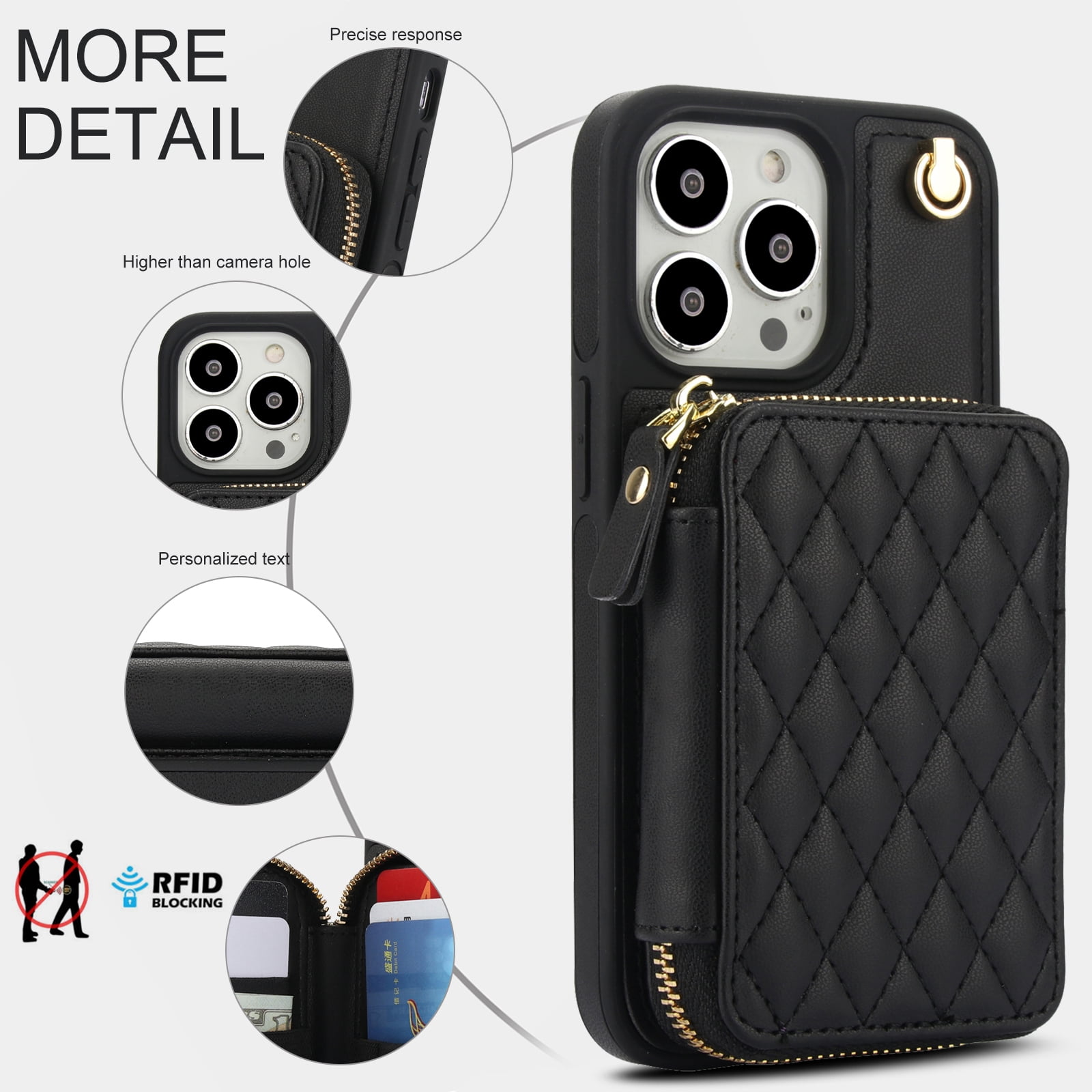 Compatible with iPhone 15 Pro 6.1 inch Wallet Phone Case Tempered Glass Screen Protector Wrist Crossbody Strap Stand Credit Card Holder RFID Slot Cell Cover for i Phone15 i15 15Pro Women Girls Black