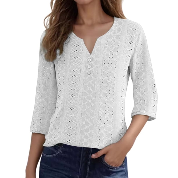 Top casual de mujer con manga tres cuartos y tejido jacquard, blusa elegante y cómoda para el día a día, tallas S-XXL