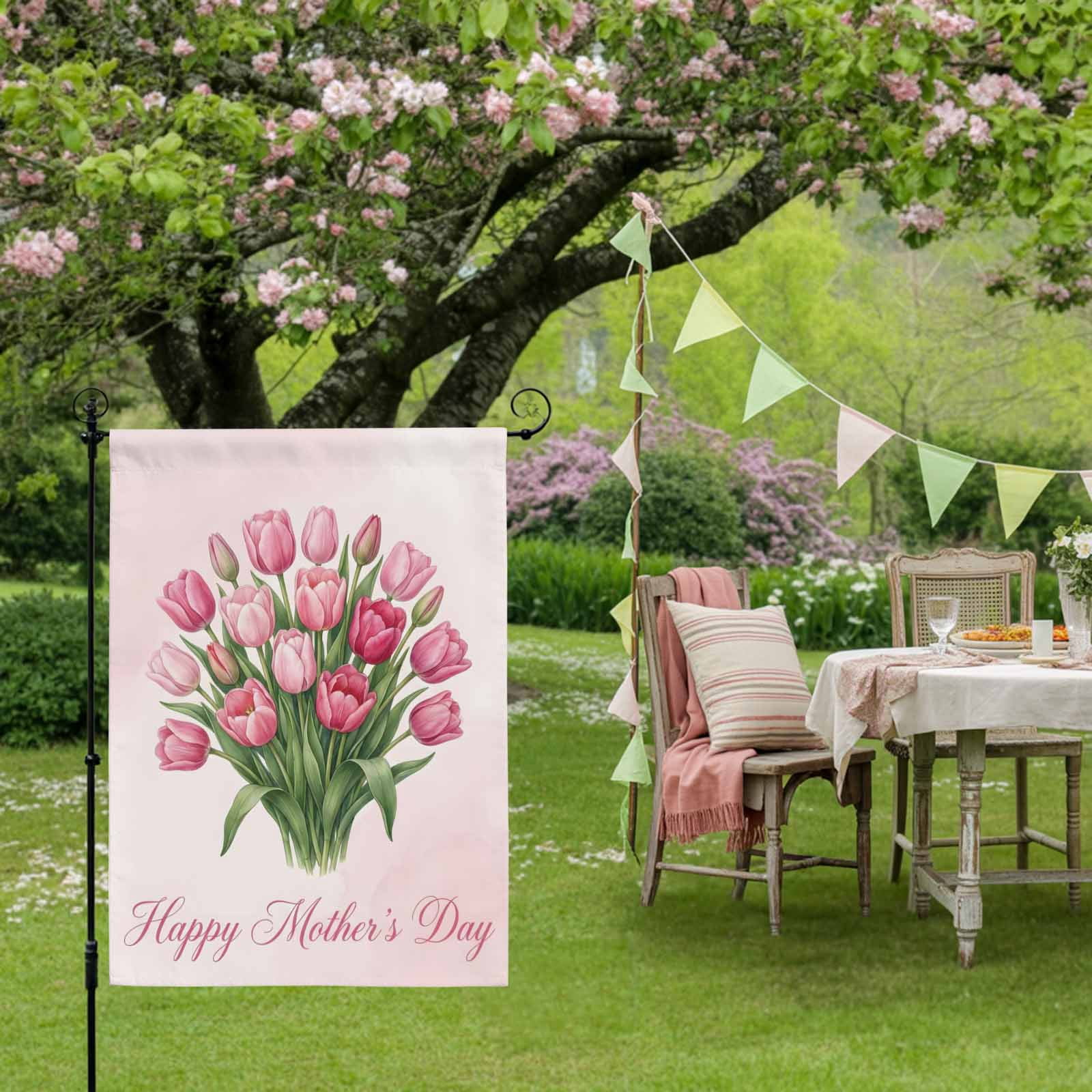 Mother's Day House Flag 28 x 40 Inches, Pink Tulips Watercolor Flower Weather Proof Outdoor Patio Flags Double Sided Small House Decoration for Yard Lawn Outside Home
