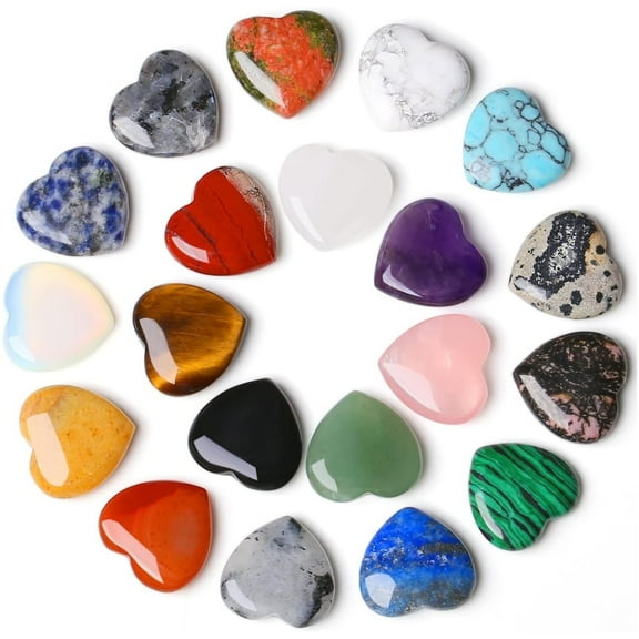 20 Pcs Natural Heart Crystals Healing Crystal Palm Stones Polished Pocket Palm Thumb Gemstones Chakra Love Crystal Gemstones Amethyst Malachite Rose Quartz Assorted Set 0.8",Topboutique