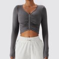thumbnail image 3 of Top de entrenamiento fruncido frontal Cuello en V Color puro Manga larga Slim Fit Casual Camiseta transpirable Gris 12/L, 3 of 7