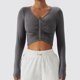 thumbnail image 3 of Top de entrenamiento fruncido frontal Cuello en V Color puro Manga larga Slim Fit Casual Camiseta transpirable Gris 8/S, 3 of 7