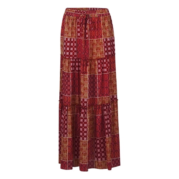 Women's Vintage Floral Tiered Maxi Skirt High Waist Ruffled Boho Flowy A-Line Long Skirt Red L