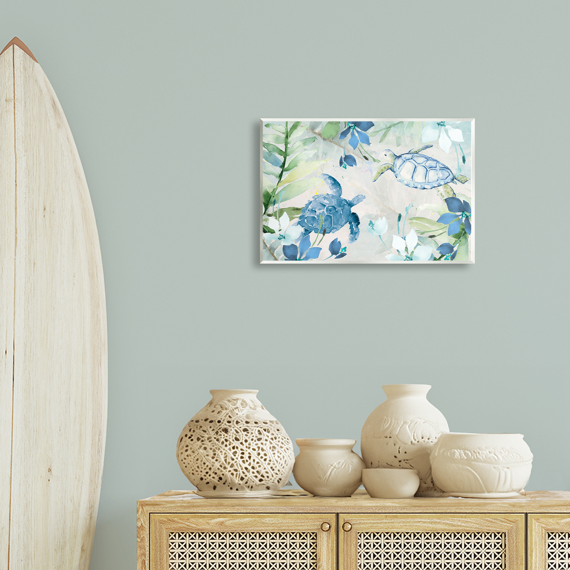 Stupell Industries Turtles Among Flowers Coastal Painting Unframed Art Print Wall Art, 19 x 13