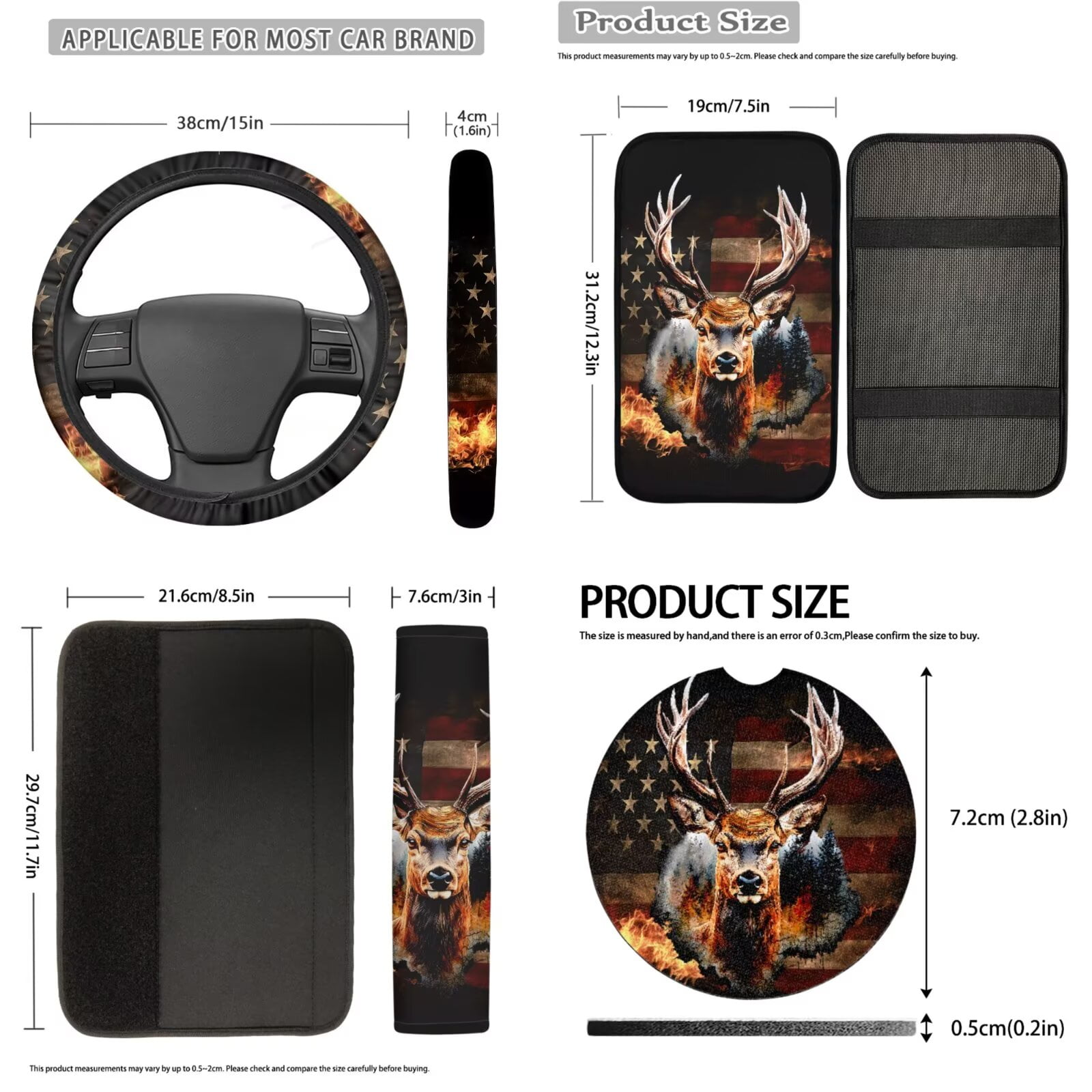 Uorisanigo American Flag Deer Front and Back Seat Covers with Seatbelt Shoulder Pad Center Console Cover Steering Wheel Wrap Headrest & Gear Shift & Handbrake Covers Coasters Keychain,18 Pieces