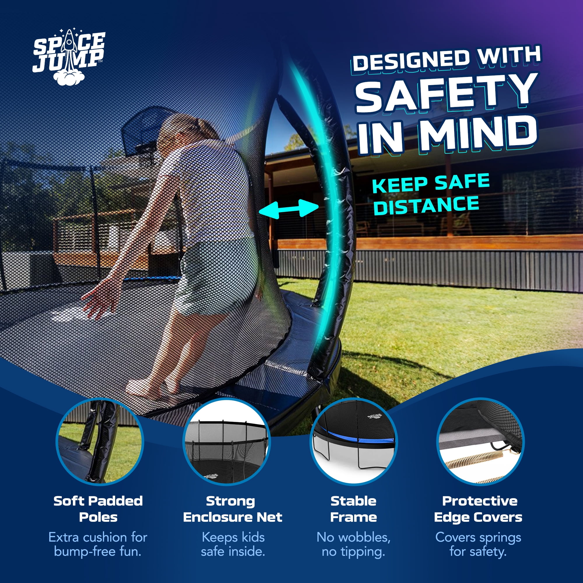 SpaceJump Lunar 8 Foot Trampoline, Outdoor Round Bouncer with Safety Net, Black