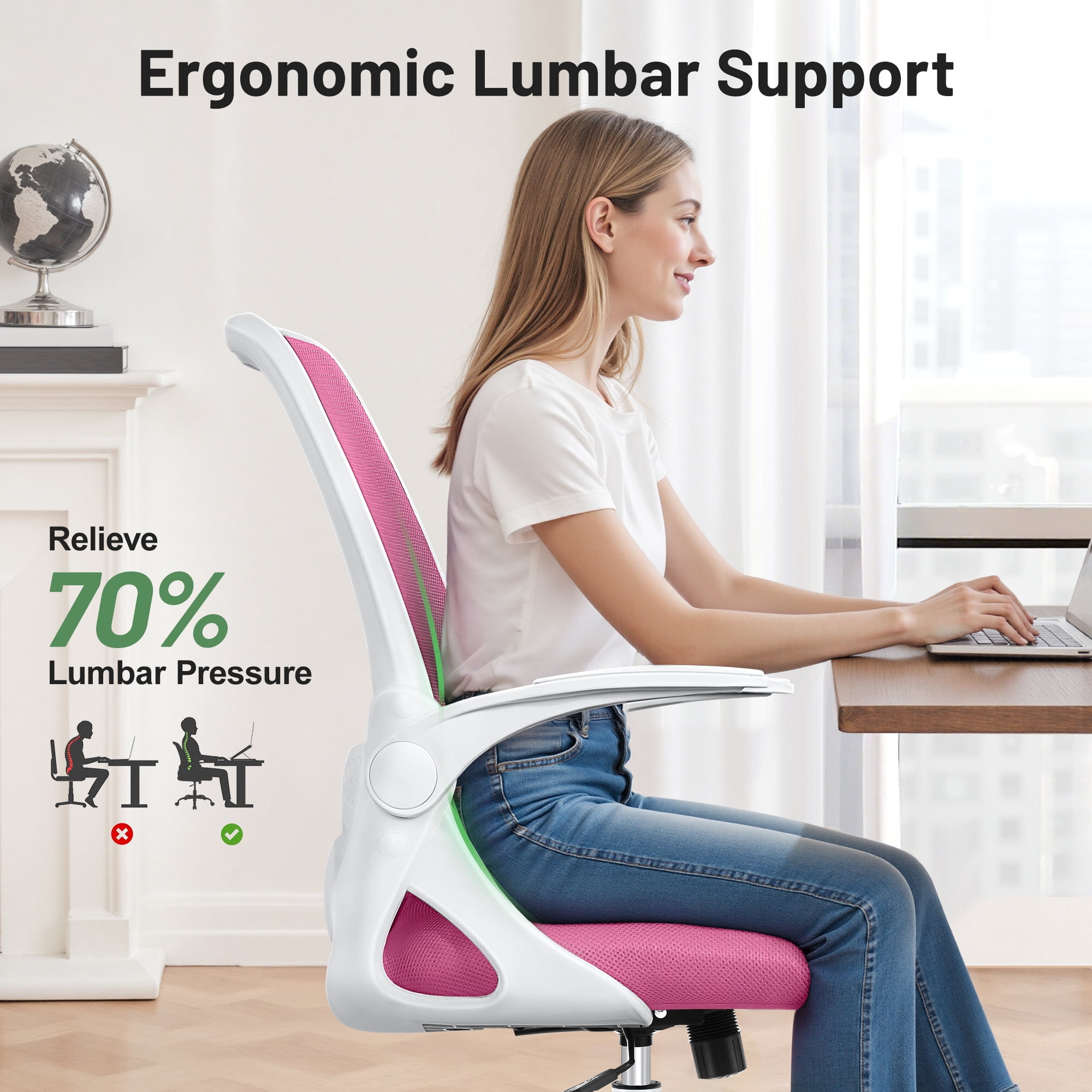 ATHOPE Office Chair, Ergonomic Desk Chair with Lumbar Support Adjustable Height Swivel Wheels Flip-up Arms Mesh Computer Gaming Chair for Home Office, Pink