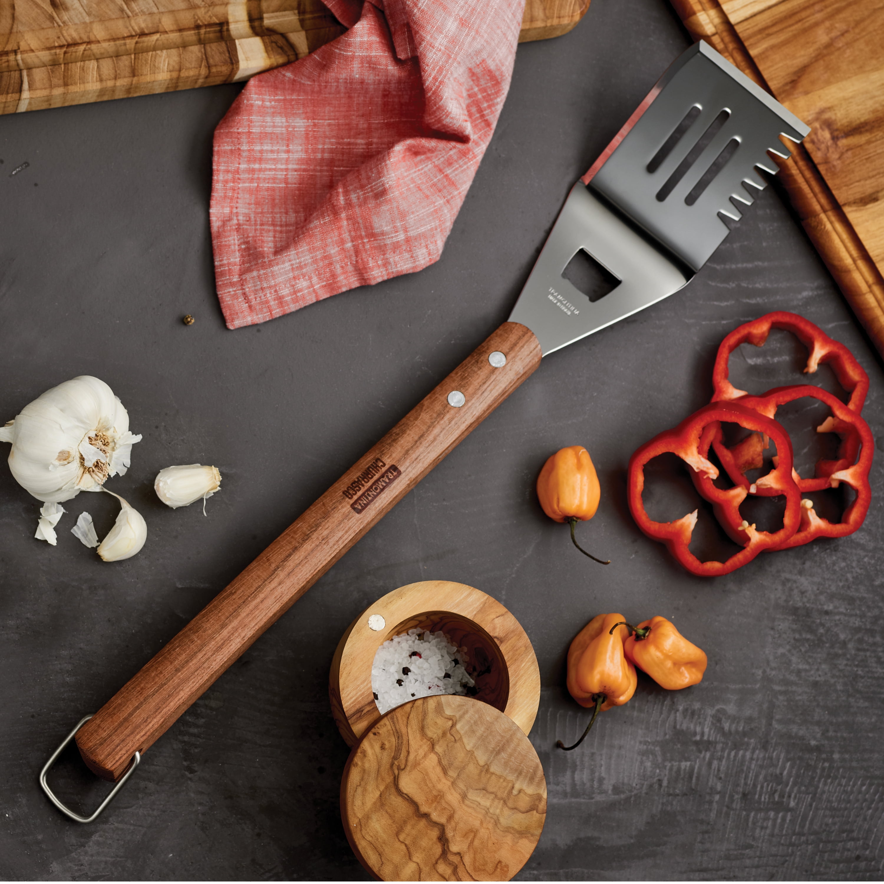 Tramontina Churrasco BBQ 3-Piece Stainless Steel BBQ Tool Set with Wood Handles, Includes Spatula, Tongs & Grill Brush