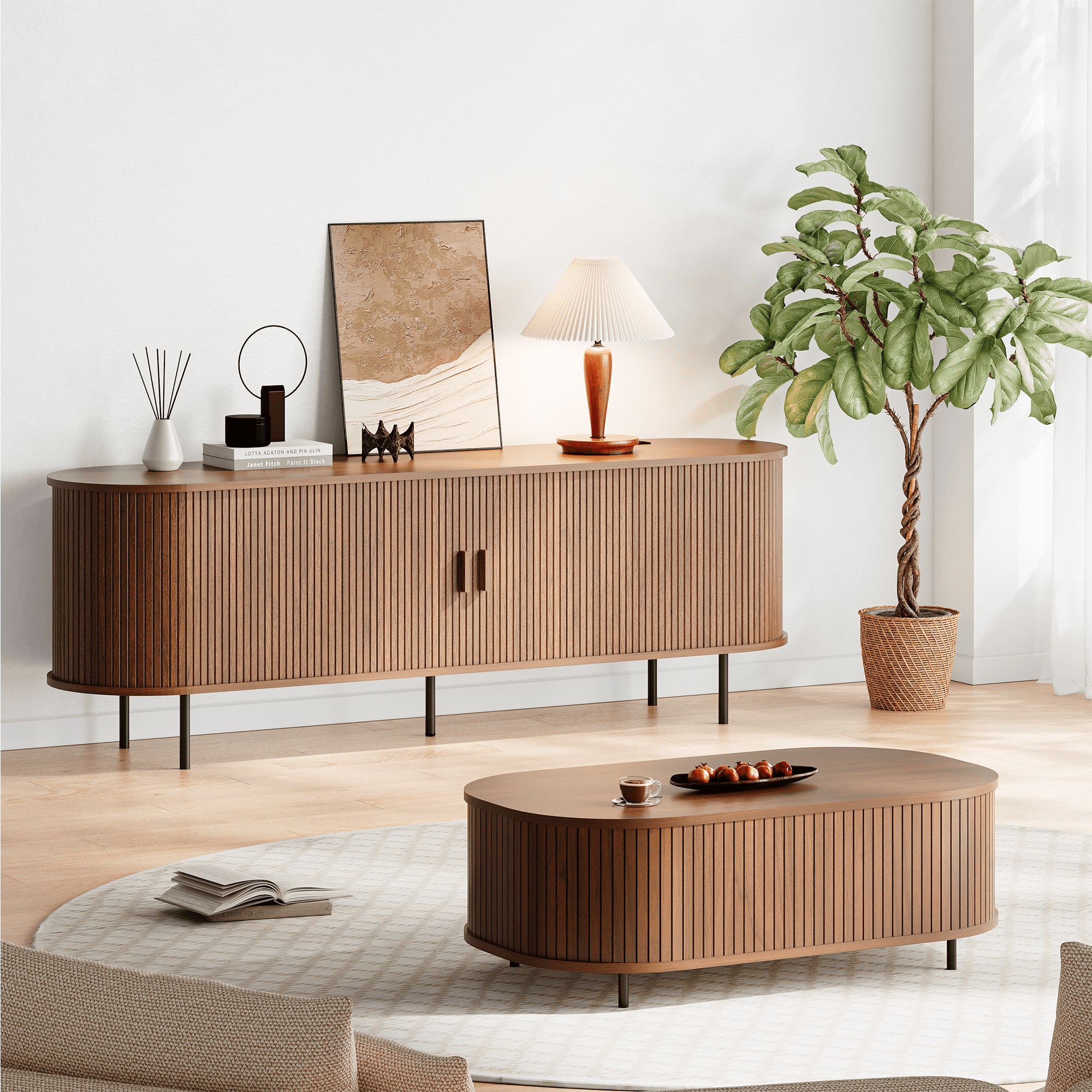 MARNUR 63" TV Stand for 70" TV, Wood Entertainment Center with Storage and Shelves, 2 Sliding Tambour Doors, Mid-Century Modern, Walnut